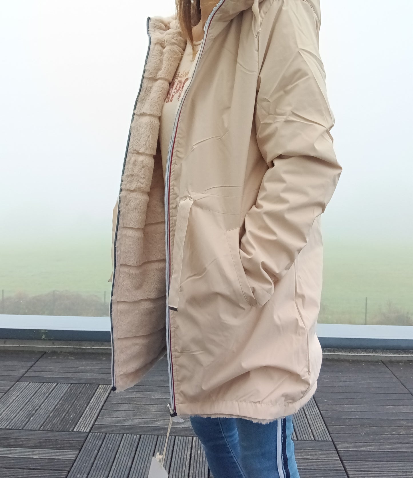 New Lolo - Manteau long BEIGE réversible, imperméable et complètement fourré resserrable à la taille