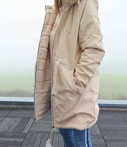 New Lolo - Manteau long BEIGE réversible, imperméable et complètement fourré resserrable à la taille