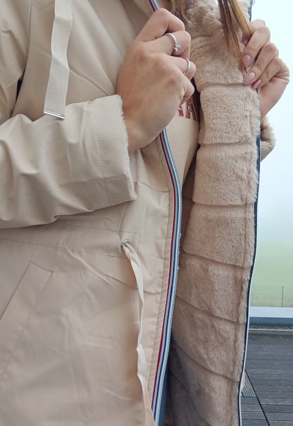 New Lolo - Manteau long BEIGE réversible, imperméable et complètement fourré resserrable à la taille