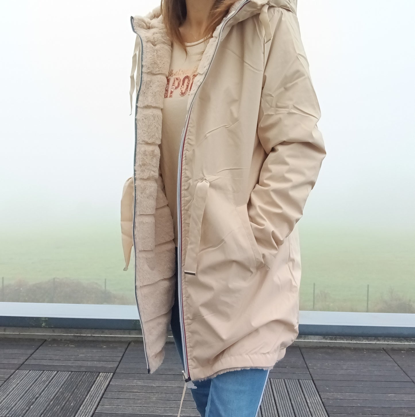 New Lolo - Manteau long BEIGE réversible, imperméable et complètement fourré resserrable à la taille