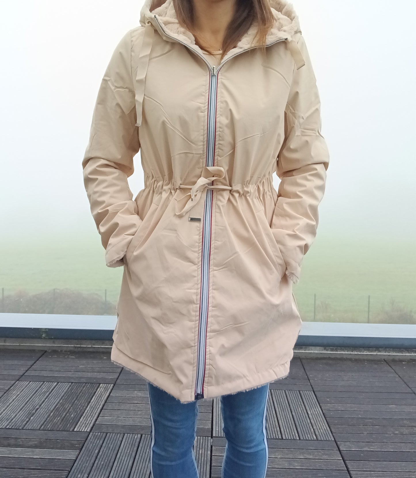 New Lolo - Manteau long BEIGE réversible, imperméable et complètement fourré resserrable à la taille