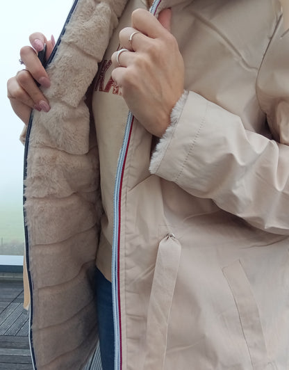 New Lolo - Manteau long BEIGE réversible, imperméable et complètement fourré resserrable à la taille