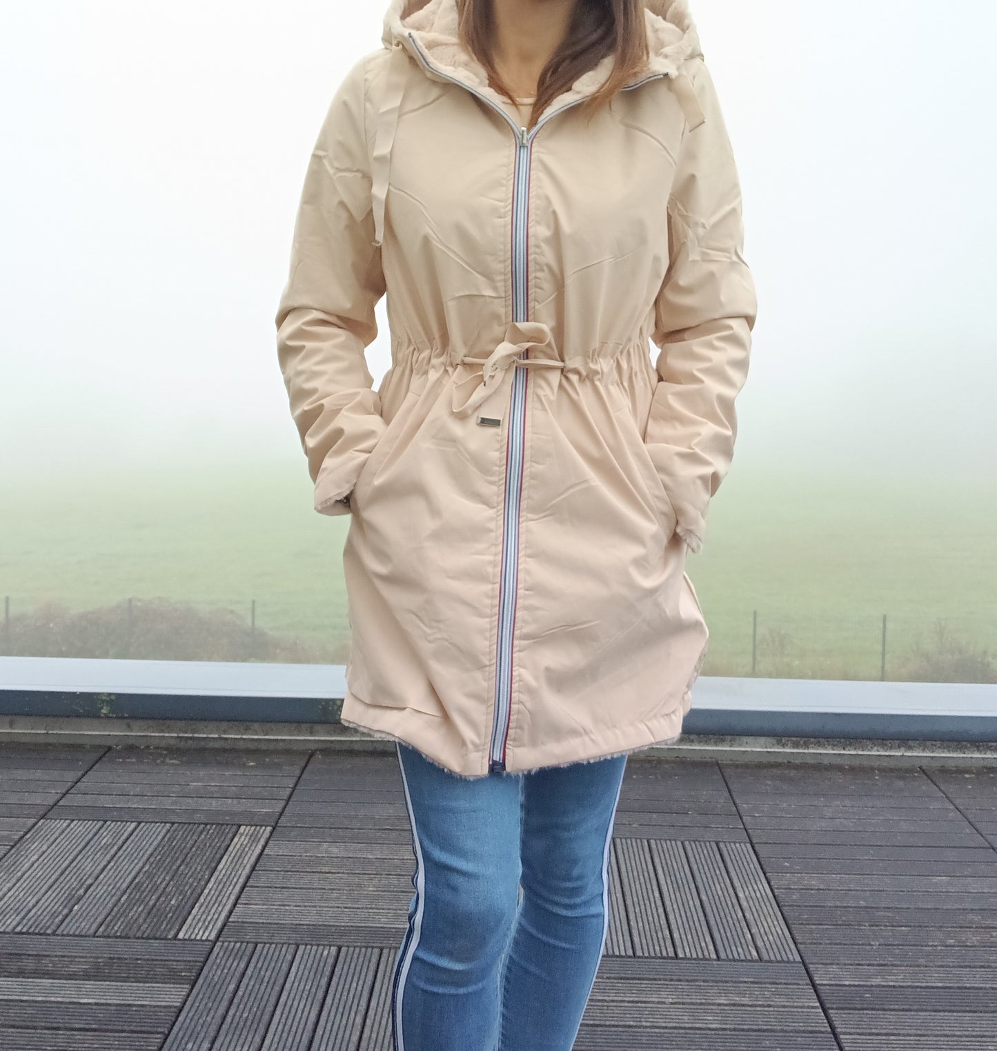 New Lolo - Manteau long BEIGE réversible, imperméable et complètement fourré resserrable à la taille