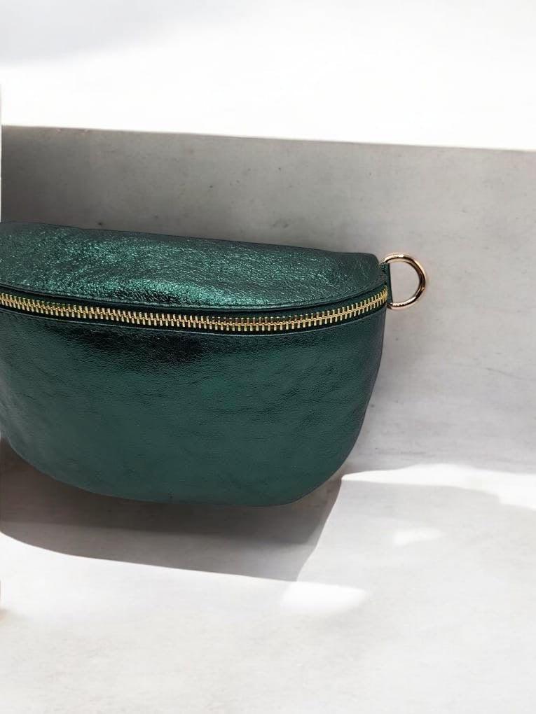 Sac banane cuir vert forêt irisé petit format