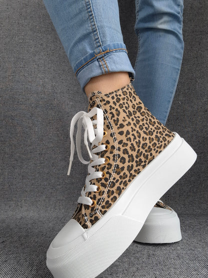Chaussures baskets hautes en tissu toile leopard marron beige semelles compensées