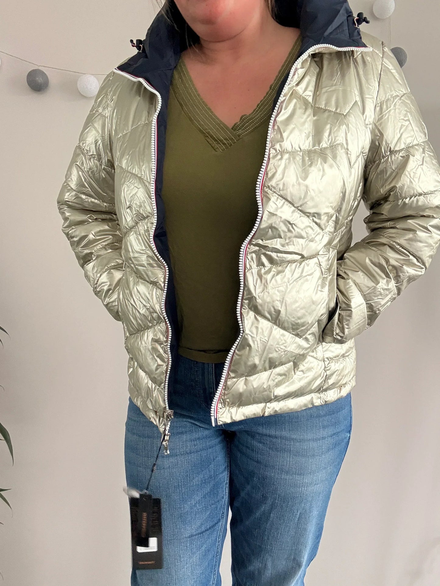 Laura Jo - Manteau doudoune courte matelassé réversible imperméable bleu marine doré avec capuche