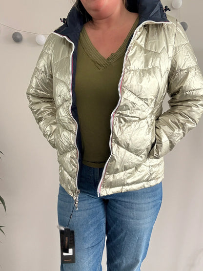 Laura Jo - Manteau doudoune courte matelassé réversible imperméable bleu marine doré avec capuche