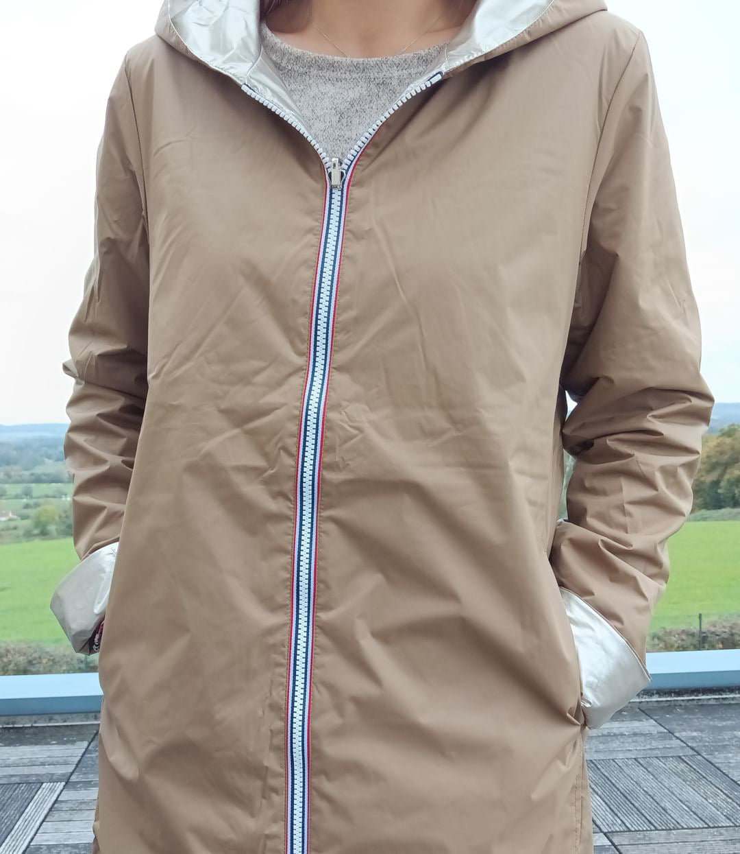 Laura Jo - Imperméable réversible long mi-saison garnissage ouate camel / doré