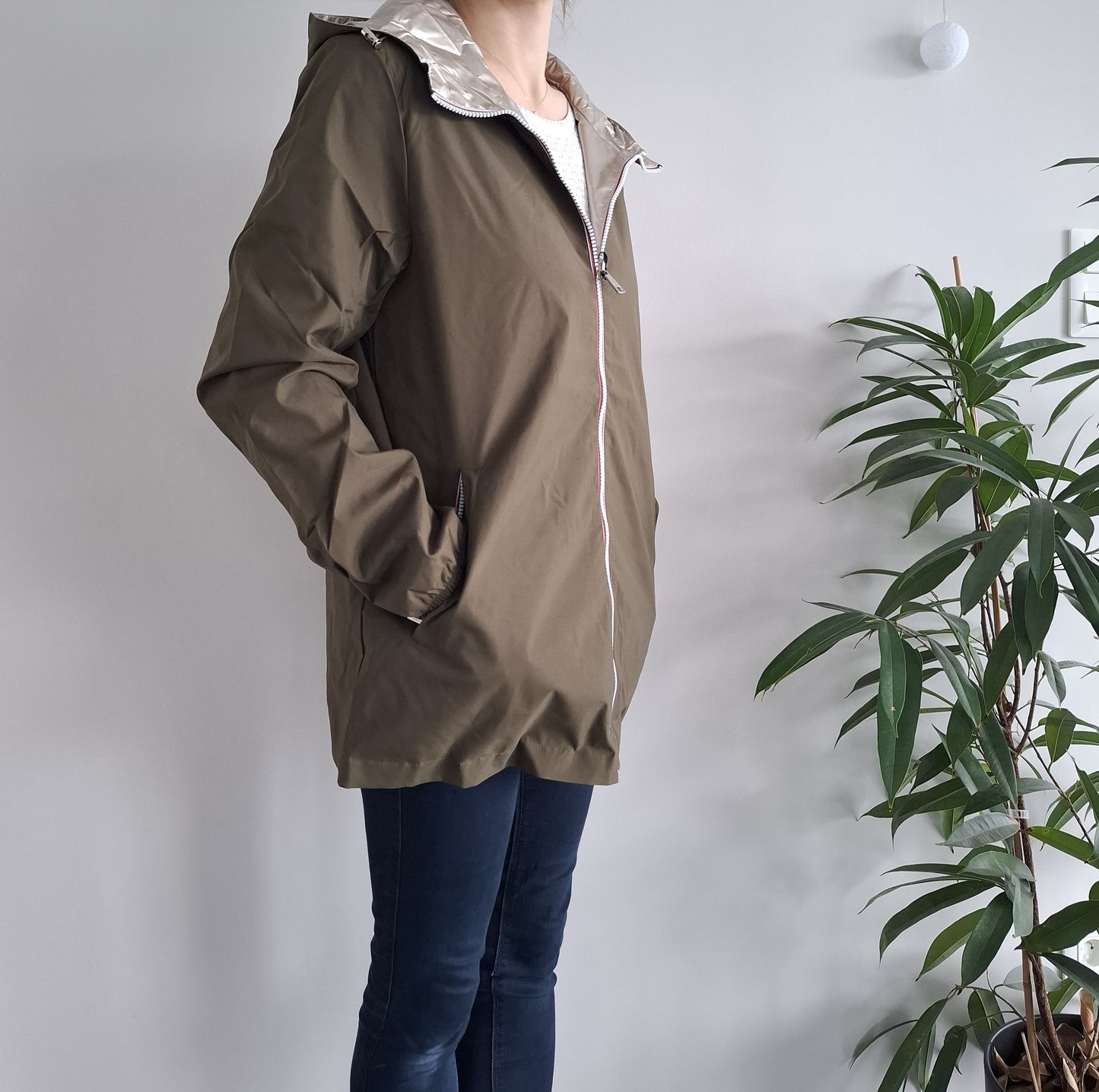 Manteau imperméable réversible mi-long léger Kaki/doré