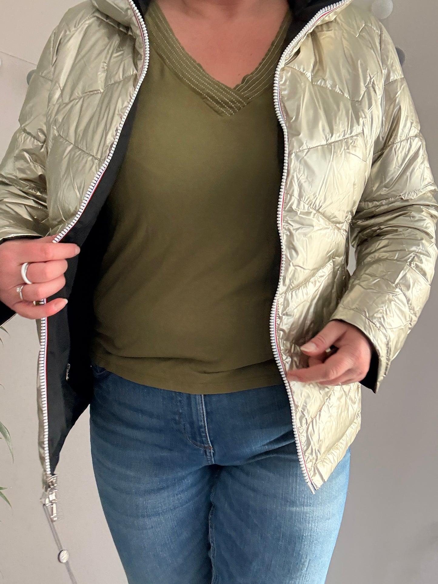 Laura Jo - Manteau doudoune courte matelassé réversible imperméable noir doré avec capuche