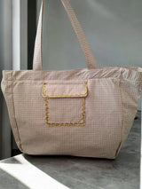 Bolso de viaje de fin de semana de algodón con estampado de cuadros en color Beige y blanco