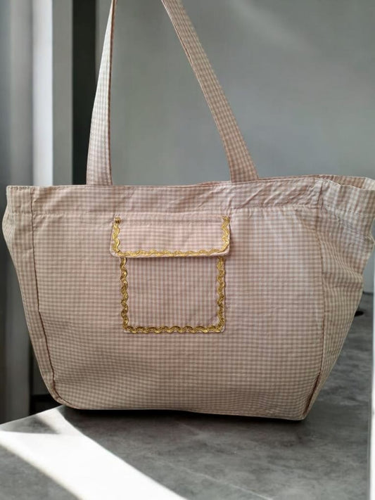 Sac week-end voyage en coton motif à carreaux beige et blanc