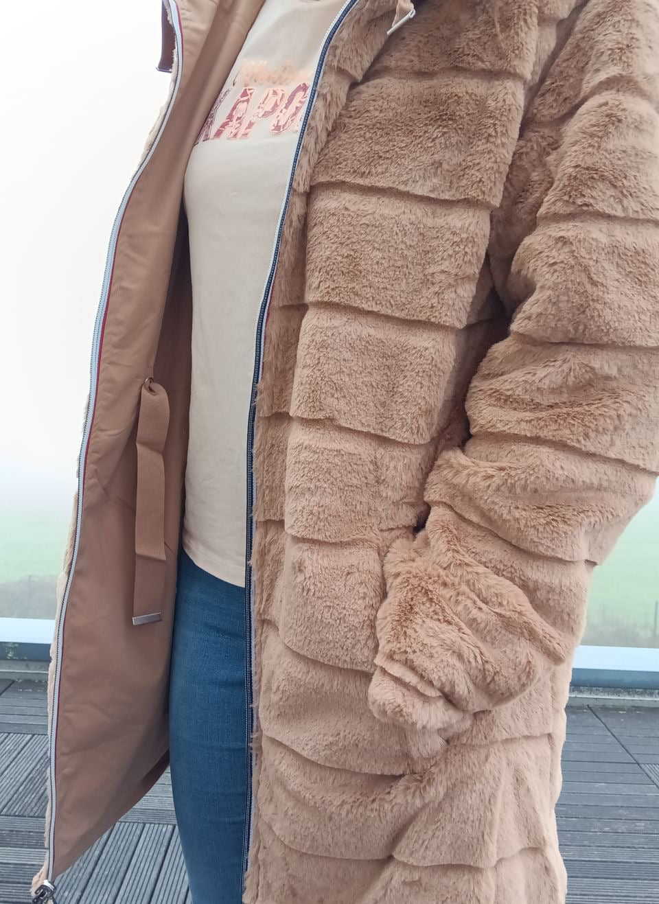 New Lolo - Manteau long CAMEL réversible, imperméable et complètement fourré resserrable à la taille