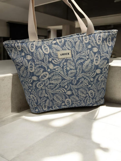 Sac cabas porté épaule coton imprimé toile de jouy feuilles bleues creme