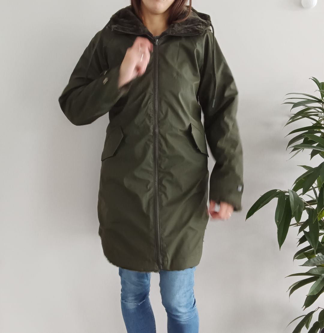 Melya Melody - Manteau long mi cuisses type ciré imperméable fourré réversible kaki