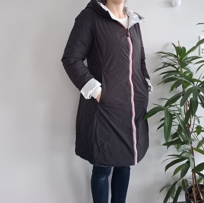 Doudoune manteau imperméable long noir réversible matelassé argenté