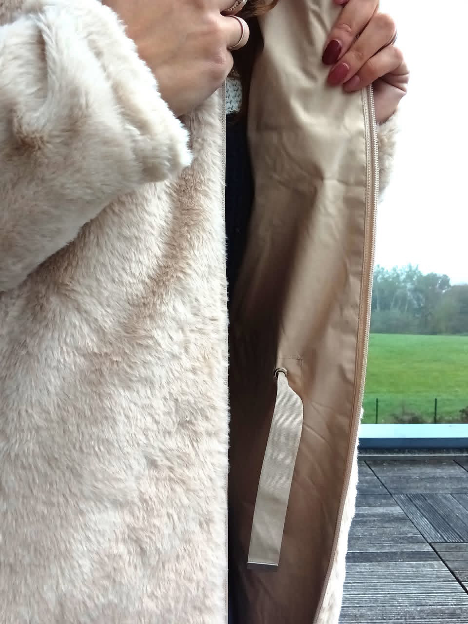 New Lolo - Manteau long BEIGE zip uni réversible, imperméable et complètement fourré resserrable à la taille