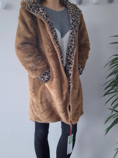 Escandelle - Manteau long réversible et imperméable léopard fourré fausse fourrure marron