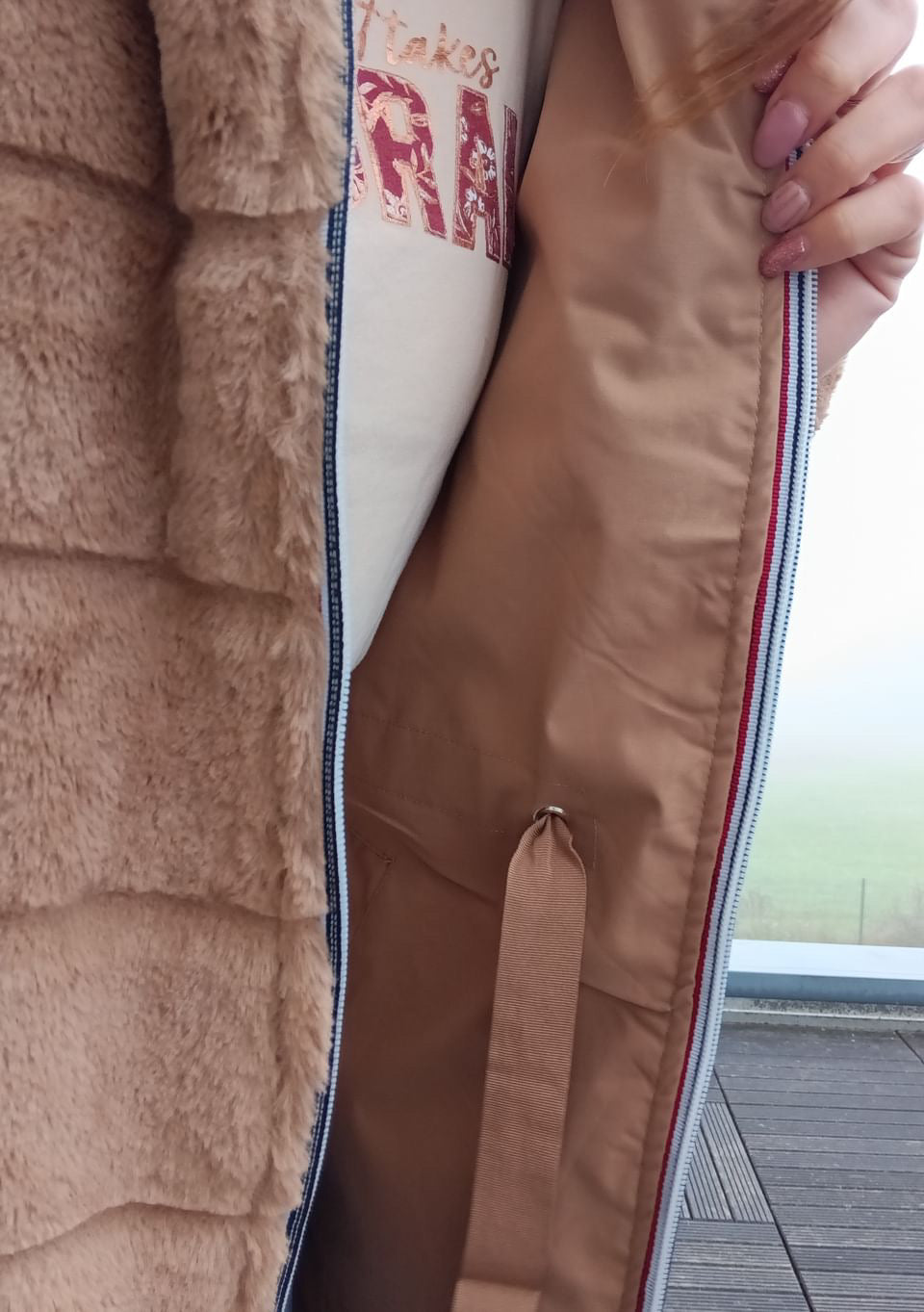 New Lolo - Manteau long CAMEL réversible, imperméable et complètement fourré resserrable à la taille