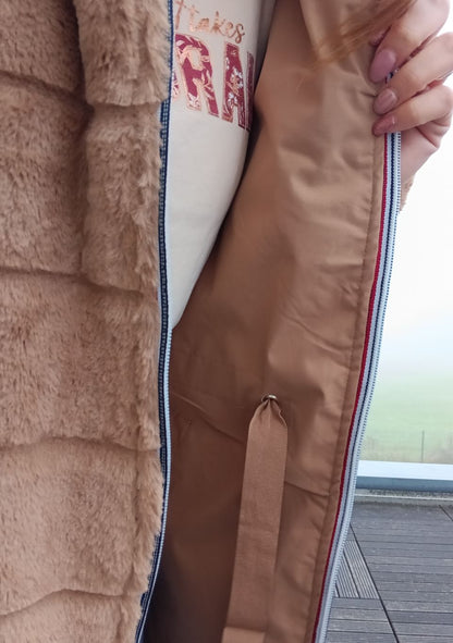 New Lolo - Manteau long CAMEL réversible, imperméable et complètement fourré resserrable à la taille