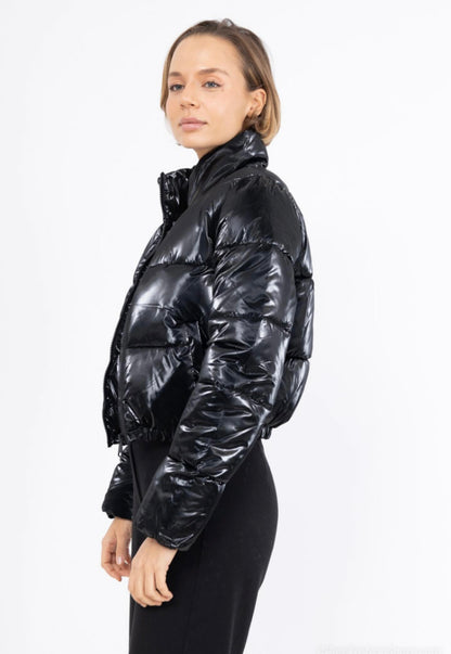 Melya Melody - Manteau court imperméable matelassé noir brillant