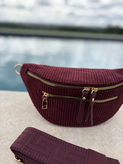 Sac banane velours côtelé 2 poches bordeaux sangle fantaisie