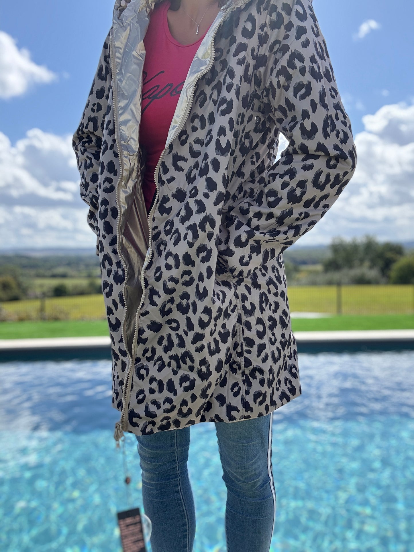 Laura Jo - Imperméable réversible long mi-saison garnissage ouate doré/léopard