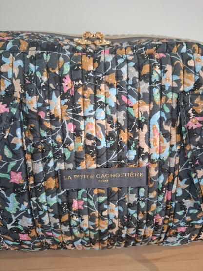 Sac week-end polochon en coton matelassé gris liberty fleuris nuances de rose bleu et orange