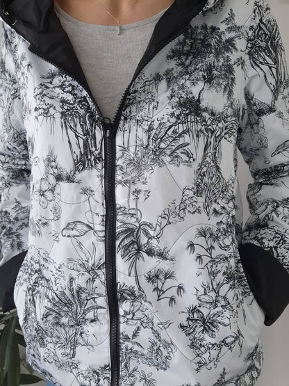 Laura Jo - Imperméable noir réversible motif jungle court garnissage ouate mi-saison