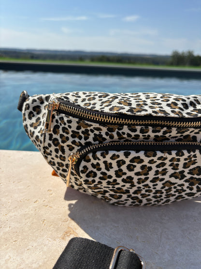 Sac banane en tissu imprimé léopard blanc 2 poches