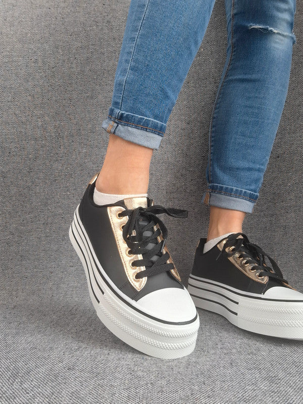 Chaussures baskets basses semelle compensée simili noir style converse