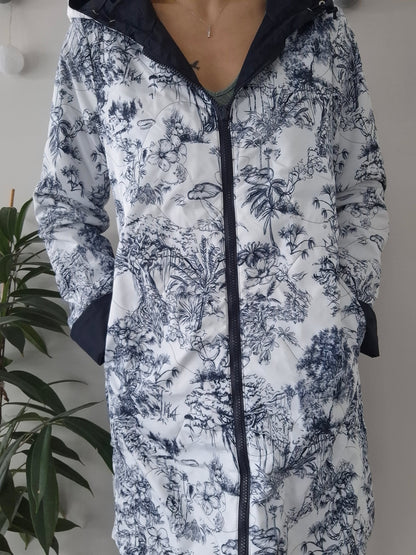 Laura Jo - Imperméable bleu marine réversible motif jungle long mi-saison garnissage ouate