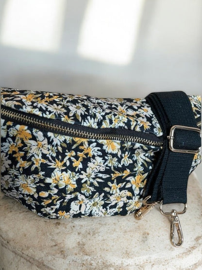 Sac banane tissu épais velours fin liberty noir et jaune