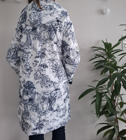 Laura Jo - Imperméable bleu marine réversible motif jungle long mi-saison garnissage ouate