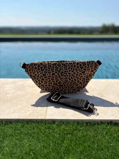 Sac banane en tissu imprimé léopard camel 2 poches