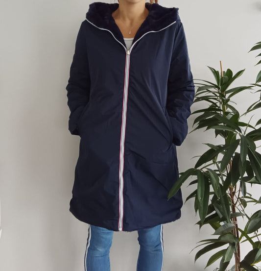 Melya Melody - Manteau long fourré fausse fourrure réversible imperméable bleu marine