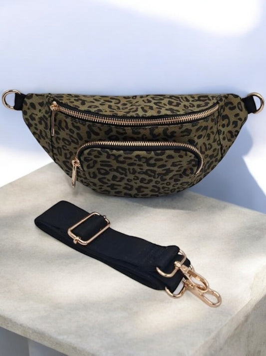 Sac banane en tissu imprimé léopard kaki 2 poches