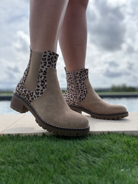 Chaussures bottines à talon toucher daim beige avec motif léopard marron taupe