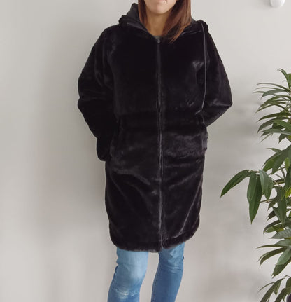 Melya Melody - Manteau long mi cuisses type ciré imperméable fourré réversible noir