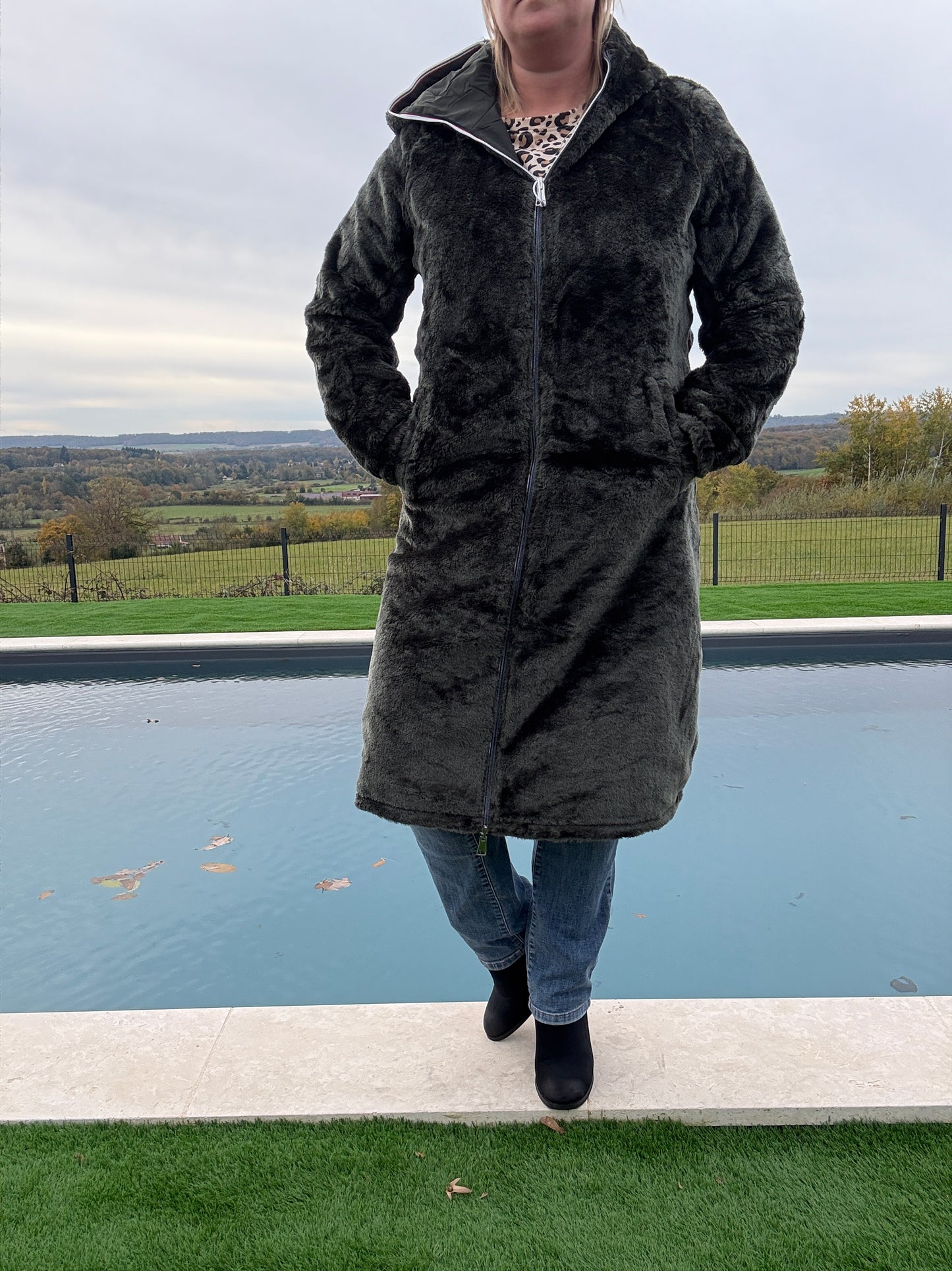 New Lolo - Manteau chaud long hauteur genoux kaki fourré complet réversible imperméable