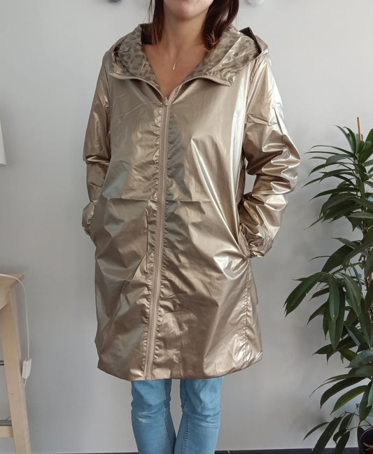 Melya Melody - Manteau long mi cuisses réversible et imperméable léger doré léopard