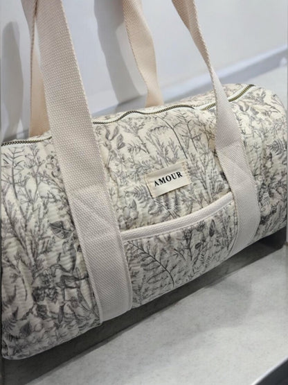 Sac polochon blanc en coton liberty fleuri noir