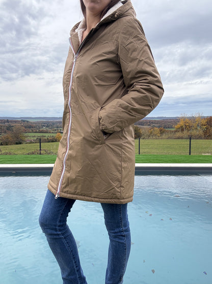 Laura Jo - Imperméable fourré long fausse fourrure camel intérieur sherpa beige