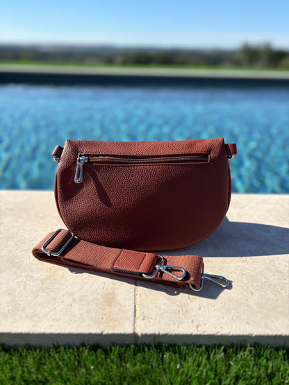 Sac banane simili cuir marron double fermeture