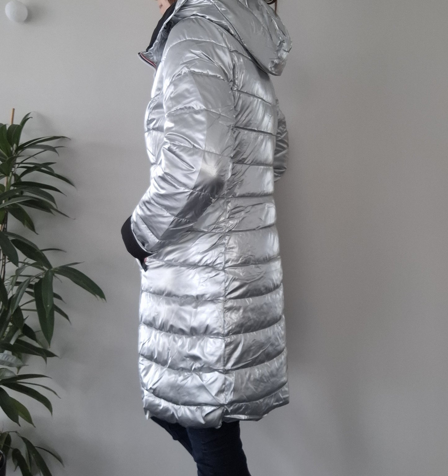 Doudoune manteau imperméable long noir réversible matelassé argenté