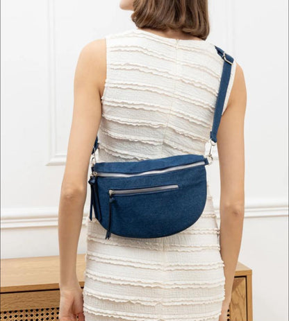 Sac banane en tissu jeans denim bleu foncé 2 poches