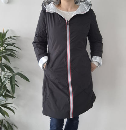 Doudoune manteau imperméable long noir réversible matelassé argenté