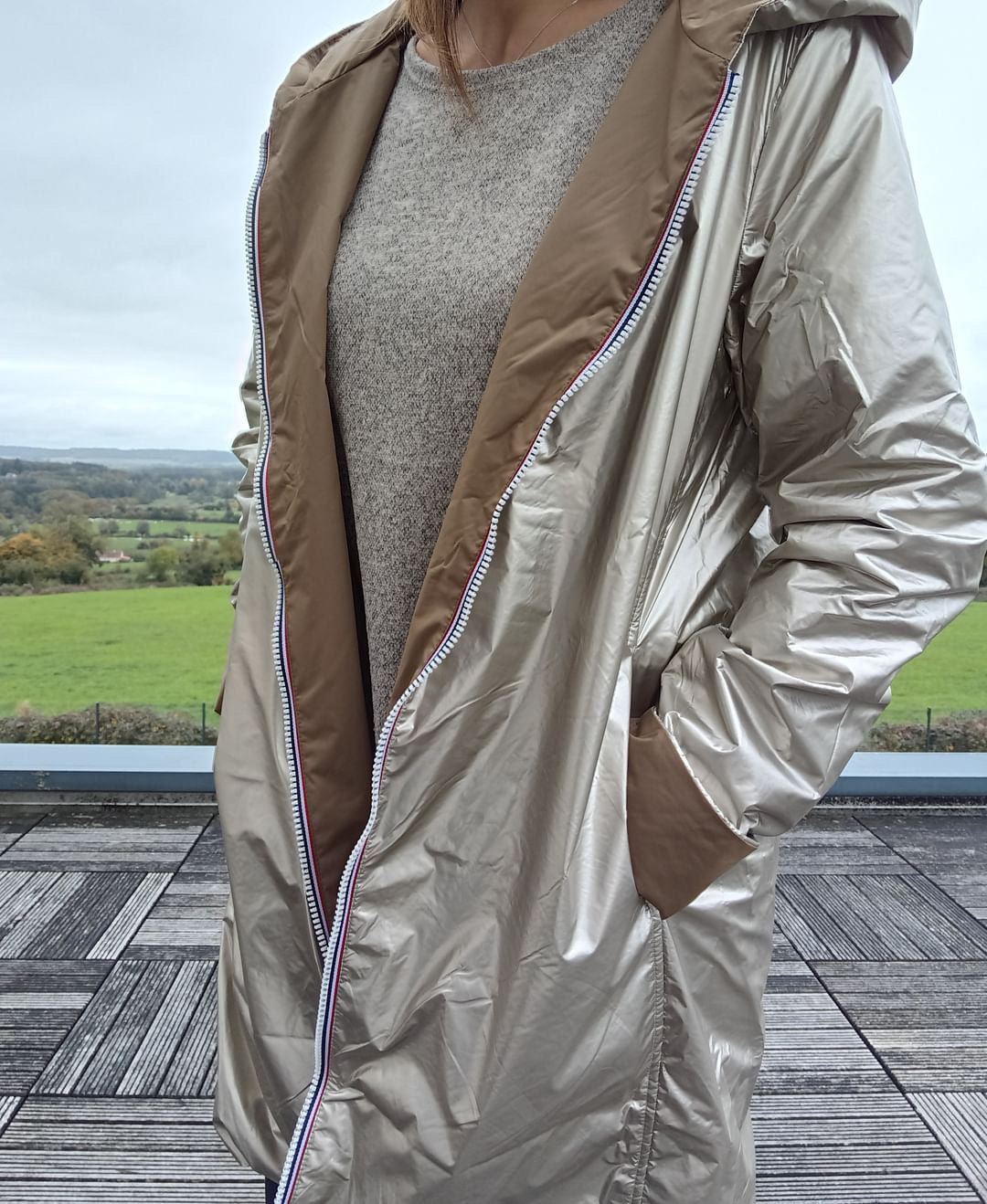 Imperméable réversible long mi-saison garnissage ouate Marque Laura Jo Camel / Doré