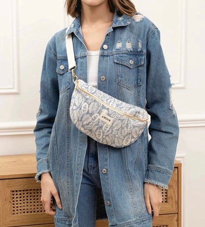 Nouveautés - Sac banane bleu en coton imprimé feuilles blanches