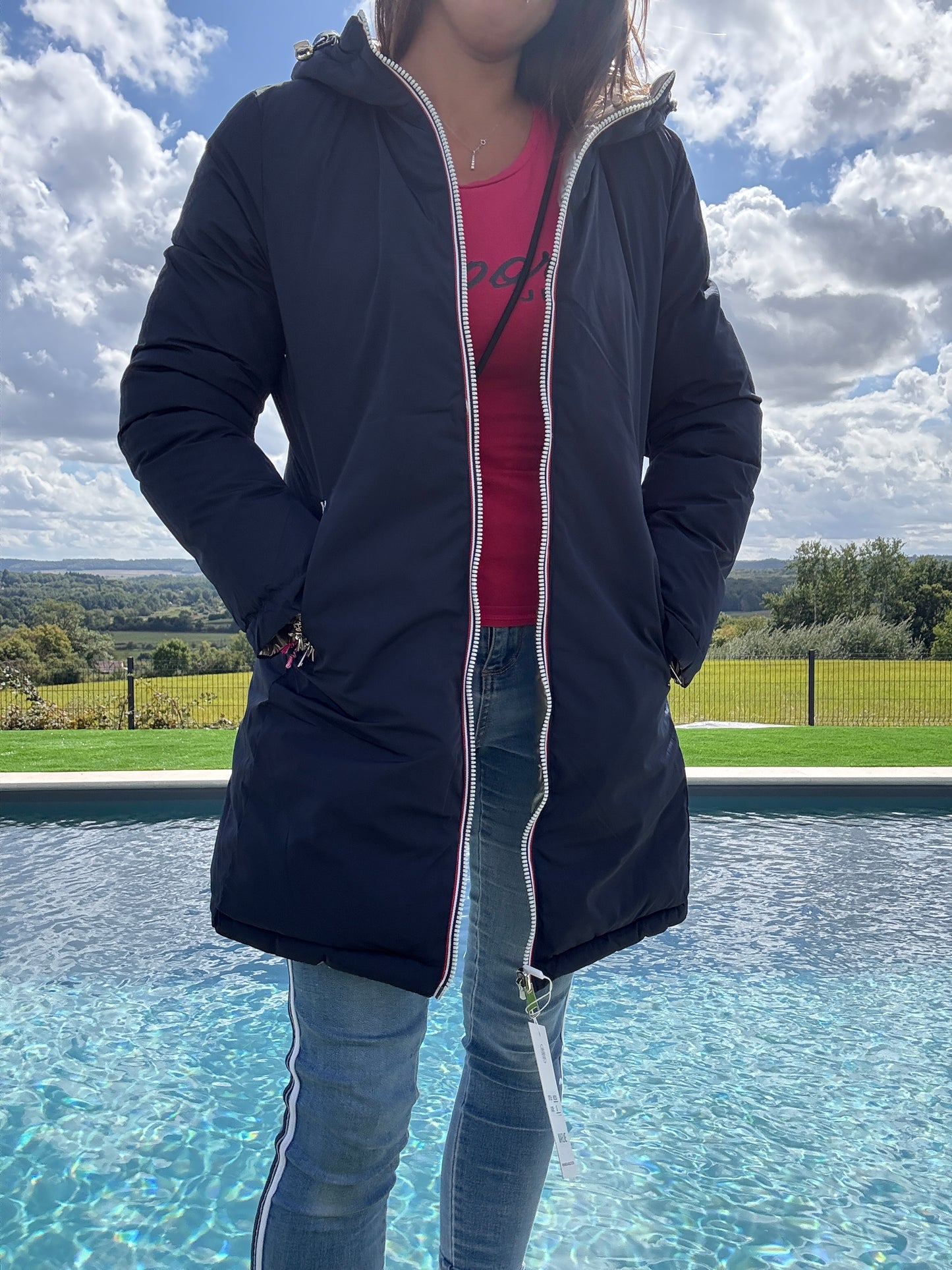 Melya Melody - Manteau long réversible et imperméable matelassé bleu marine doré